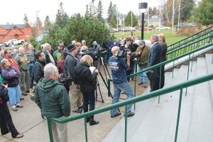 Surrounded by regional media and about 50 citizens, Special Prosecutor Thomas B. Heffelfinger and Senior Special Agent Sue Burggraf of the Minnesota Bureau of Criminal Apprehension take questions on the indictment of County Attorney Tim Scannell on Thursday, October 31.