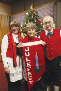 For 39 years, Bethlehem Lutheran Church has been hosting a Julefest celebration on the weekend of December 13, St. Lucia Day. Mary McElevey (middle) has been involved with all of them in some manner. Her daughter Lynn Schulte (left) spoke at this year’s event, sharing some of Mary’s Christmas memories. David Peterson too, has been involved with Julefest for many years, serving as emcee for the delightful Scandinavian event.