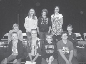 Geography masters! The students competing in the 2014 National Geography Bee were (L-R, front) Cody Leck, Alyssa Fenstad-Lashinski, Adam Dorr, Jack Peck. (L-R, back) Ethan Sporn, Jamie Johnson, Ezra Lunde, Santina McMillan. (Not pictured, Jack Haussner, who was unable to attend because of illness.)