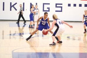 Ninth-grade guard Molly Thomas didn’t give an inch to this Silver Bay ball handler in the Vikings’ game against the Mariners. Molly is a tough defensive player, much the way her grandfather and former Viking boys’ basketball coach Lee Thomas was back in his heyday.