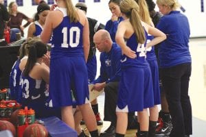 With his young team gathered around him, Coach Mitch Dorr discusses strategy and designs a play for his kids to run. Coach Dorr has been playing all of the kids on the roster this year and the team is getting better and better although their win-loss record might not always indicate it.