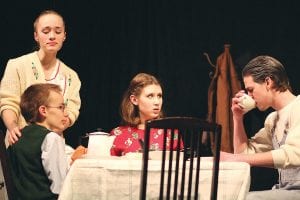 Actors in the Cook County High School One-Act Play The Undercurrent gave riveting performances at the Arrowhead Center for the Arts on Thursday, February 6. A tense family dinner—fraught with undercurrents—is performed by cast members (L-R) Selien Morowitz as Ma Fishyer, Sam Kern as Emil, Emma Nalezny as Annie, and Cy Fortunato as Pa Fishyer.