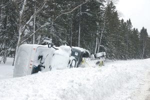 A tanker truck left the roadway and tipped onto its side late in the evening on February 20, 2014 and because of the severe weather remained in the ditch on Highway 61 in Lutsen until the next afternoon. Neither the driver nor his passenger were injured in the crash.