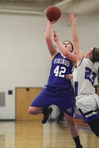 Emily Jacobsen (42) easily had her best game as a Viking, scoring two of her 7 points on this play. Emily also led the team with 8 rebounds. She also played a great game on defense, blocking some shots and fighting for every loose ball underneath the basket.