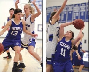 Above left: Breana Peterson (13) finished with 12 points against Lakeview Christian. She also contributed 6 assists in the first half. Above right: Not a big scorer, Trace McQuatters (11) is a defensive dynamo and good passer on the court. Her shot attempt was blocked but the Vikings recovered the ball and it was put back and in by a Viking player.