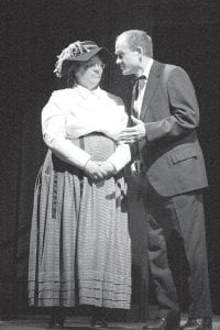 A talented cast brings the classic Our Town to life. Far left: Mrs. Gibbs (Diane Stoddard) and Dr. Gibbs (Braidy Powers) enjoy an evening stroll. Above: George Gibbs (Cy Fortunato) and Emily Webb (Brenna Hay) grow closer as they share an ice cream soda. Left: Stage Manager (Bob Carter) tells the story of Our Town.