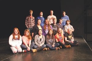 The seniors in the College Literature class at School District 166 paused from the manic action at rehearsal for Theater Sports for a photo. (L-R, front) Shannon O’Phelan, Melanie Stoddard, Sarah Deschampe, Breana Peterson, Jessica Berg-Collman, Anna Carman. (L-R, kneeling) Abbey Sutton, Megan Lehto, Thomas Anderson, Cy Fortunato, Joey Chmelik. (L-R, back) Charlie Lawler, Joe Borud, Jonny Jacobsen, Seth Warren.