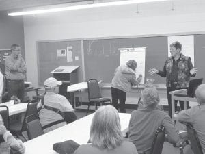 For the second time in recent months, members of the three West End townships of Lutsen, Tofte and Schroeder met to discuss ways to make the community a better place to live. On top of the list was recruiting businesses that would pay good wages and provide benefits and hours that worked well for families. Bill Hansen (left) and Jeanne Larson (far right) moderated the meeting.