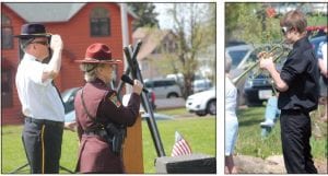 Above left: State Patrol Trooper Leah Carpenter sang the National Anthem as well as God Bless America. Above right: The service ended with Cook County High School band trumpeters Joe Borud and Owen Anderson (above) playing Taps.