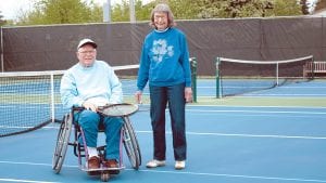 Move It! senior award winner Gene Glader on the tennis court with Frankie Jarchow, who nominated him for the Move It! award. Glader is an active member of the Cook County Tennis Association and still finds time and energy to get out on the courts.