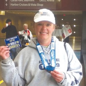 Left: With her completion of the Garry Bjorklund 13- mile race in 2:26:18, Kathy Bernier, of Grand Marais, became a member of the “Half Fanatic Club.” The Grandma’s Half Marathon was her second marathon within eight days. Bernier ran the Marathon to Marathon in Marathon, Iowa on June 14.