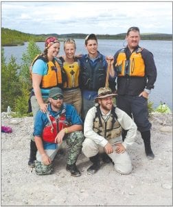 With Waterbury Lake behind them, the 8 Rivers North Expedition posed for a picture before embarking on their 2-month portage/paddle to Hudson Bay. (L-R, front) Ryan Ritter and Adam Maxwell. (L-R, back) Tessa Olson, Kari Smerud, Jake Bendel and Alex Compton.