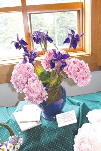 Pink hydrangea and Siberian irises were used by Beryl Singleton Bissell for her Asian Dreams bouquet.