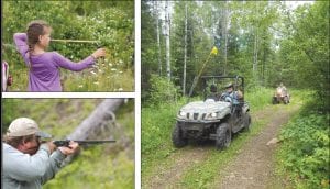 Upper left: There was target practice of all types, including a slingshot for the kids. Lower left: Different areas were set up by the ATV Club for rifles, handguns and skeet shooting. Neil Hansen sights his antique .22 rifle. Above: The ride was a great mix of terrain–up hill and down; through maple forest, pine groves, and narrow winding places where the branches hang low; through some puddles; and on a couple of nice, straight gravel roads. There were several stops at scenic spots and much socializing.