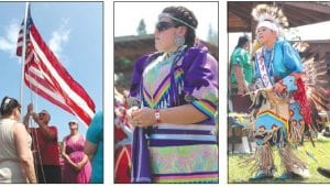 Left: Raising a memorial flag in honor of Malcolm Mercer was Dick Hoaglund, as family members look on. Middle: Former Grand Portage Princess Brittany Deschampe was among the 500-plus dancers last weekend. Right: Dancers show their individual style in their regalia and their dance.