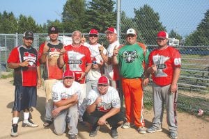 It’s a three-peat! The North Shore Outdoors softball team, sponsored by Kelly Shepherd of Grand Marais claimed the 1st place trophy in the Fisherman’s Picnic Softball Tournament. (L-R, back) Joe Deschampe, Charlie Blackwell, Ron Colello, Jason Donek, Edin Murray, Kyle “House” Anderson, Brandon Donek. (L-R, front) Tanner Murray, and Skyler Murray. (Not pictured Jack Connor, and Josh Klemmer.)