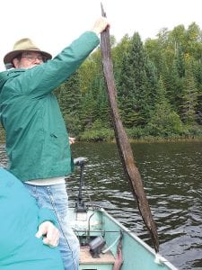 On a rainy, windy, frigid September 5, Gary Sterner of Nisswa was rewarded for his perseverance by catching this memorable large stick fish. He caught it on Devil Track Lake, in about 15 feet of water, using a Lindy rig and a night crawler. After struggling and struggling to reel in the large fish, he yelled to his wife, “Get the net!” As the fish started coming out of the water, she said “I don’t think it’s going to fit in the net.” He did, however, practice good fishing practices—by observing catch and release.