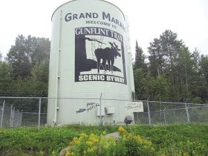 The person who vandalized the Grand Marais water tower with a stenciled fish and the text, “mmm…sulfide,” climbed a fence to do so. More graffiti—primarily misspelled profanity—was found at the skate park and high school baseball field.