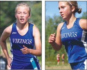 Above left: Running hard, Ruby Walsberg was the 4th varsity runner for the Vikings at Milaca. Above right: Morgan Weyrens-Welch was the 3rd Viking across the line with a 4K time of 18:44.