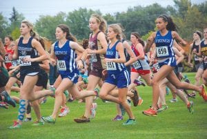 Above: Good cross country teams run in packs, and Cook County runners are learning this lesson fast. Abigail Seipke (665), Matea Acero (651) and Molly Thomas (659) work their way through the field at Hibbing. Left: Melanie Stoddard (656) had a big PR at Hibbing, running 20:14 for 4K.