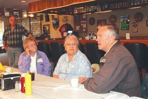 Residents of the Silver Bay Veterans Home were treated to lunch at American Legion Post 413 recently. Right: Vets home volunteer Rose Elam and Mary Olin visit with Post Commander Don Wilson. Mary once managed a lounge in Grand Marais so they had a nice talk about “old times.” Lower left: Vice- Commander Bob Mattson visits with Roger Beyer and Gil Johnson. Lower right: Auxiliary member Nancy Backlund gets a food order—and a joke—from Bob Kaylor.