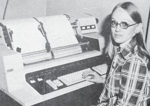 Shown sitting at the console of the new NCR399 accounting machine is Jeanne Ryden of the Grand Marais Public Utilities Department. The machine was purchased in 1974 to process the monthly utility bills and utilized post card billing versus the old card-and-envelope type bills. The machine was also used for both PUC and City of Grand Marais employees’ payroll beginning in January 1975, according to the Oct. 24, 1974 edition of the Cook County News-Herald.