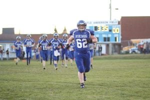 Senior Noah Warren (62) played with a lot of energy, enthusiasm and fire in the Vikings' last 11-man football game against Barnum.