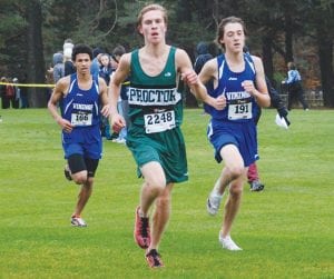 Two Viking freshmen cross country runners, Jake Paron (191) and Kiviok Hight (166), did their best to keep up with the Proctor runner at the Section 7A meet. Paron ended up 7th and Hight finished 10th to both earn a trip to the state cross country meet held this weekend at St. Olaf College.