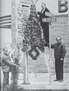 Chamber of Commerce President Bob Spry, left, Howard Joynes, center , and Lyle Saethre put up some of the new decorations in downtown Grand Marais in preparation for the 1977 holiday season. The decorations, along with strings of more than 400 lights and other festive items, were put up during the day Saturday, shortly before the winter’s first storm pounded the city. The Nov. 24, 1977 News-Herald noted that the decorations weathered the storm well, “which is more than can be said for some of the power lines in the city following Sunday’s big blow off the lake.” Waves of 25 feet on Lake Superior were reported by the Coast Guard, along with winds topping 75 mph; close to 2 inches of rain was measured, with a half-foot of snow falling at the northern end of the Gunflint Trail. This year’s holiday season kicks off with the annual tree-lighting in Harbor Park at 4:30 p.m. Nov. 28, followed by the parade at 5 p.m.