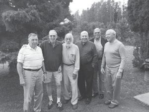 A historic gathering. Friends and family gathered to help former School District 166 Principal Leonard Sobanja celebrate his 90th birthday on September 20. Attending were a number of former faculty members. (L-R) Michael Knight, social studies teacher early to late '60s; Stuart Jackson (wood shop mid-'60s until retirement); Leonard Sobanja (principal and later social studies-late '50s until retirement); Darold Rosbacka (social studies early '60s until retirement); Chuck Beberg (metal shop and drafting mid '60s until retirement); and Jack Rasmusson (chemistry and then social studies mid-to late '60s).