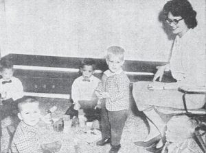 The nursery facilities at First Baptist Church were improved and redecorated in 1965, and this Jan. 28, 1965 photo shows some of the first customers. Pictured here are Eugene Westerlind, Kevin Cumley, Dennis Westerlind, Brian Humphrey and Steve Hedberg along with Mrs. M.J. Humphrey. In addition to the nursery during Sunday morning services, a Sunday School Cradle Roll Department was also provided for infants to 3 years of age.