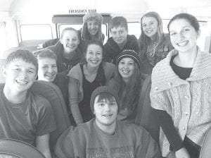 On the bus of knowledge! The JV Knowledge Bowl team were (clockwise from left) Leif Anderson, Andy Kern, Bryn Soland, Linnea Gesch, Greg Howe, Linnea Henrikson, Marin Hay, (center) Maya McHugh, Abby Prom, and Jack Viren (front).