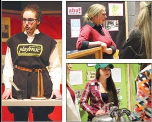 Above left: William Shakespeare (Brenna Hay) shared thoughts on community theater. Upper right: Ruby Payne, Ph.D. (Emma Olfson) spoke eloquently about the effects of poverty on a student’s education. Lower right: Ashley Berglund spoke on a topic close to home—operating a dairy.