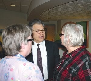 U.S. Senator Al Franken was in Grand Marais on Saturday, January 17 to gather information about the needs and difficulties encountered in delivering rural health care in Cook County. At the end of the meeting he talked to Jane Ranum (l) and Helena Blake, long time health care workers in the county.