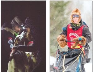 Left: A warm welcome on the Beargrease trail. Ryan Anderson’s dog gets a friendly greeting during a midnight stop. Right: Mid-Distance Race winner Martha Schouweiler of Irma, Wisconsin looked right at home on the runners.