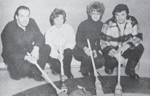 The Lloyd Berglund Rink, with Lloyd, his wife Marilyn and Floyd and Jean Johnson were the winners of the “C” event in the Curling Club’s mixed bonspiel in February 1974. The Jim Pederson Rink was the “B” event winner in the first mixed bonspiel of the season. Members of that rink are Jim Pedersen, Vi Rindahl, John McElevey and Mary McElevey.