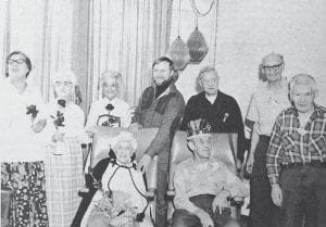 Valentine’s Day at the Cook County Nursing Home in 1974 saw the establishment of a royal family as the King and Queen of Hearts. Crowned in a ceremony were Queen Elizabeth Border and King Oscar Johnson (seated). Others nominated were, left to right, Lois Nelson, Pauline Quaife, Olive Schuyler, Richard Humphrey (Grand Marais mayor and special guest), A.P. Anderson, Tonnes Hovland and John Isaacson. The mayor crowned the king and queen.