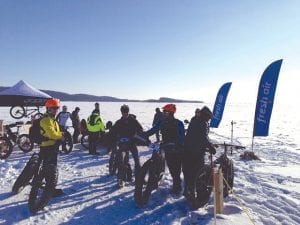 Cook County’s first-ever fat tire bike race, the Frostbiter, was held Saturday, February 21 on the fantastic Grand Portage snowmobile trails. The event, sponsored by Grand Portage Lodge & Casino benefitted Easter Seals. Riders are seen here staging next to Lake Superior at the lodge.