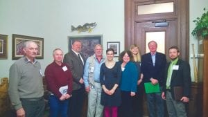 Officials from several county Soil and Water Conservation Districts met with legislators at the Capitol in January. (L-R) Mark Thell, Carlton County; James Nynas, Carlton; Senator Tom Bakk; Jerry Hiniker, Cook County; Theresa Oberg, Cook County; Deb Taylor, South St. Louis County; Kerrie Berg, Cook County; Representative David Dill, Dan Schutte, Lake County.