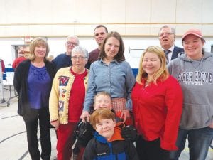 A large group of West End residents attended a February 11 meeting to hear why they should vote to save Birch Grove Community School. Some of the people who spoke are pictured. (L-R, front) Judy Motschenbacher, Jessica Cameron, Sarah Somnis, Kathy Lawrence and Jessica's children Jack and Wyle Cameron Jenson. (L-R, back) Jackie Robinson, Skip Lamb, Plamen Dimitrov and Dr. Charles Speiker, who was the keynote speaker.