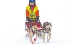 Above left: Musher in training! It was great to see mini dog sleds and two-dog teams in the Dog Days of Winter races. Above right: These anglers were perched on a snow couch just outside Trail Center Lodge. More than a few people joined them on the couch for a photo or just to relax a bit.