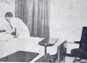 In this 1965 News-Herald photo, Mrs. Lester VanBuskirk is shown making up a bed in the new county nursing home. The caption noted that the beds in the facility are all taken, and “those who are well enough are enjoying their new modern surroundings and accommodations.” The North Shore Hospital and Care Center are celebrating their 50th anniversary this year.