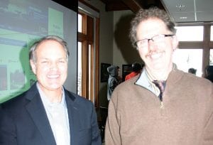 Above: James Dion (left) of the National Geographic Society and Frank Jewel, a St. Louis County commissioner, were on hand last week to help unveil the Heart of the Continent geotourism website in Grand Portage. Left: Visit Cook County Executive Director Linda Kratt also spoke, calling the new website an exciting vehicle to help promote not only Cook County, but the entire region.