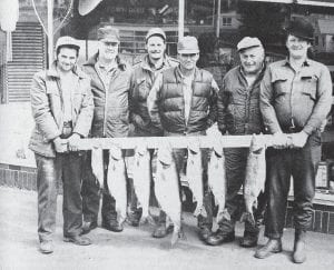 Because of the cold spring and resulting late spawning of walleyes, the 1975 fishing season was delayed in certain areas of Cook County. The summer season began May 17 for walleyes, northern pike and muskellunge, but was closed until May 31 on sections of the Sea Gull and Cross rivers. Shown in this May 15 photo with fish weighing over 80 pounds are, from left, Don Olson, Axel Haavisto, Doug Gilchrist, Verl Tilbury, Sandy Gilchrist and Frank Rabold.