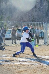 Above: Freshman Abby Prom is now starting at first base and has been wielding a big bat for the Vikings. Here she smacks a double against Floodwood.