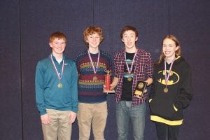 The Cook County Varsity Knowledge Bowl team has had a stellar season. They are pictured here at the final tournament before state competition. They not only scored high in the knowledge competition, they brought home the section’s Sportsmanship Award. (L-R) Leif Anderson, Andy Kern, Sean MacDonell, Linnea Gesch.