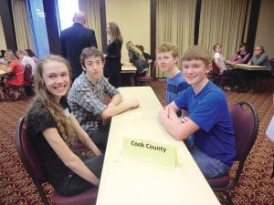 The Cook County Knowledge Bowl team ready for action at the state meet on April 9. (L-R) Linnea Gesch, Sean MacDonell, Andy Kern and Leif Anderson.