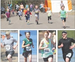 Top: These kids aren’t ready for the marathon, but give them a few years. The kids’ run at the Ham Run event is enjoyed by runners and spectators alike. Above (L-R): Doug Rivard, No. 737, of Thunder Bay, was the men’s winner of the Ham Run Half Marathon while Ely’s Debra Hultman, No. 244, was the women’s winner of the 13.1- mile race. Jackie Nelson, No. 730, of Grand Marais was the second women across the line in the half marathon while local runner Karl Olson, wearing the cool shades and bandanna, bested the 5K field by a large margin.