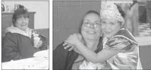 Above left: The day before Mother’s Day was the traditional “Honor our Elders” Powwow at the Grand Portage Community Center. Mary Ann Gagnon—with the lovely corsage given all moms—was selling Powwow merchandise. Above right: Young and old enjoy the Elders’ Powwow. Shirley Stevens gets a hug from her great niece Alexis Denny, the Grand Portage Tiny Tot Princess.