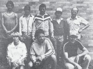 Running in the first annual Tofte Trek foot race on July 4, 1980 were the West End Trail Runners (L-R, front) Maribeth Nelson, Jan Horak and Spencer Motschenbacher. (L-R, back) Jeff Sadjak, Dale Nelson, Charlie Nelson, Erik Scott and Rick Scott. Missing from the picture is Tim Norman. The group won the team competition in the race. Jerry Jackson of Grand Marais won the six-mile race, which had 32 participants.